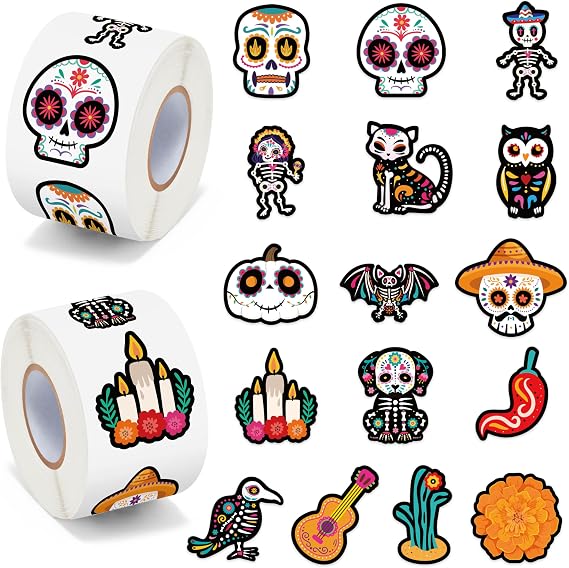 BeYumi Sugar Skull Roll Stickers - 1000Pcs Day of The Dead Stickers in 2 Rolls Dia de Los Muertos Sugar Skull Waterproof Vinyl Decals Halloween Mexican Festival Party Supplies Classroom Decor
