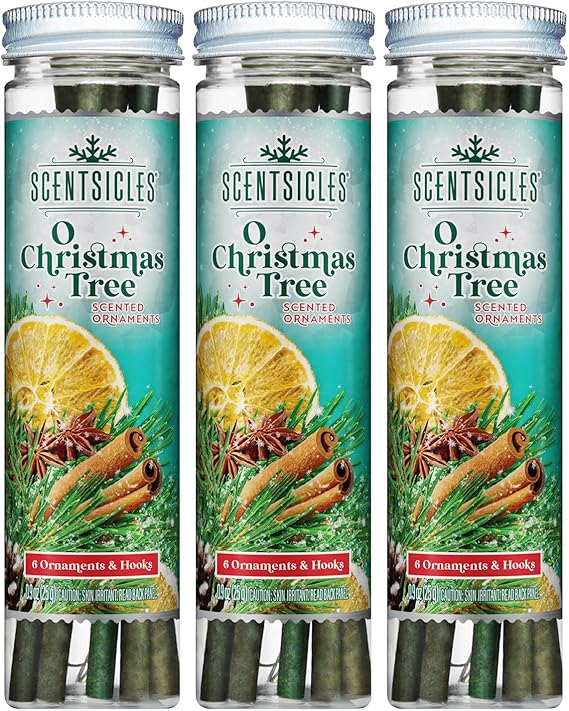 Scentsicles O Christmas Tree Scented Christmas Ornaments with Hooks - 3 Bottles (18 Sticks Total)