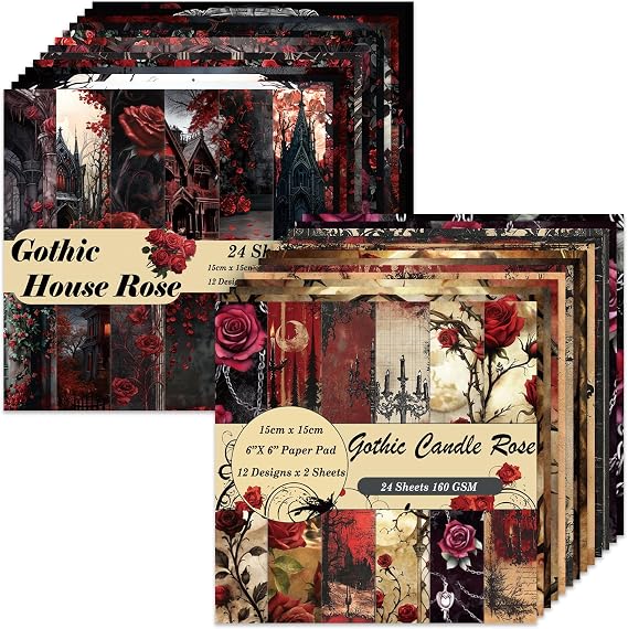 6x6" Scrapbooking Paper Pad Single Sided Decorative Colored Papers | 160GSM 24 Patterned 48 Sheets Cardstock,Art Paper for Craft Paper Present Wrapping DIY Junk Journal Supplies.Gothic H Rose C