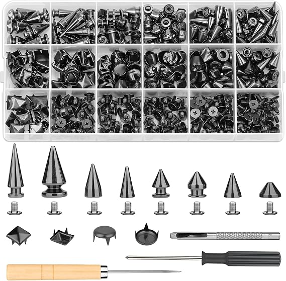 455 PCS Black Studs for Clothing, 10 Size Metal Leather Rivets for Craft | Square Pyramid Studs Round Dome Rivets DIY Punk Spikes Decoration for Clothes Belts Dog Collar