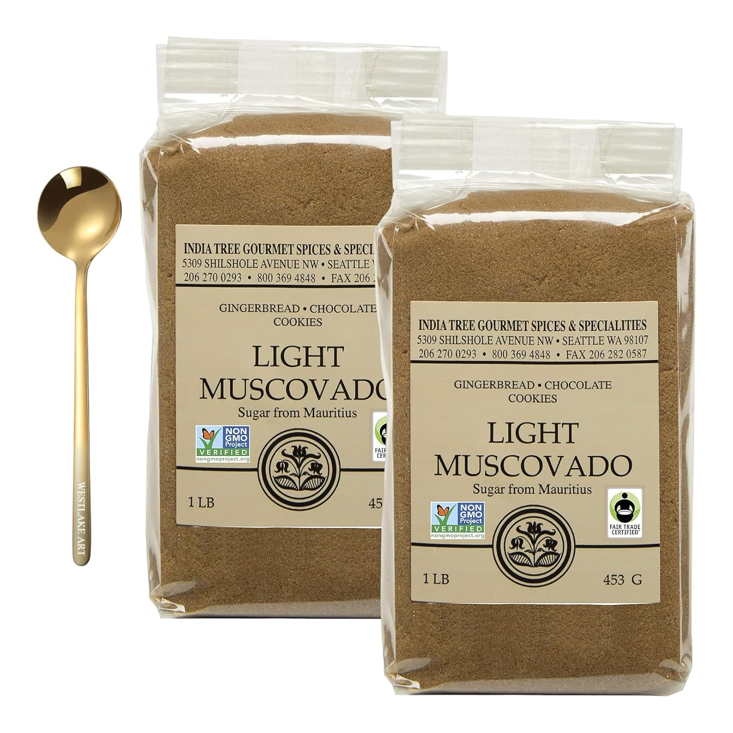 westlake art Light Muscovado Sugar | Bundle With Golden Ss Spoon - 1lb Muscovado Non Gmo Sugar, Rich Flavored Baking Powdered Sugar Unrefined Sweetener For Cookies, Cakes [Pack Of 2]