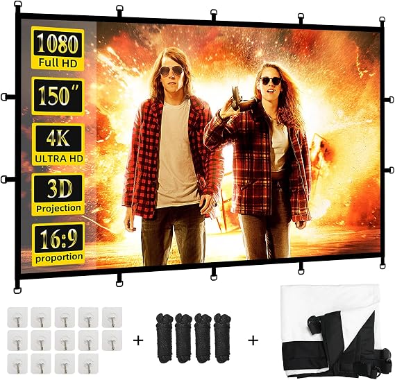 Projector Screen 150 inch, Washable 16:9 4K Foldable Indoor Outdoor Movie Screen for Home Theater, Portable Projection Screen with Hooks & Rope Simple Mount