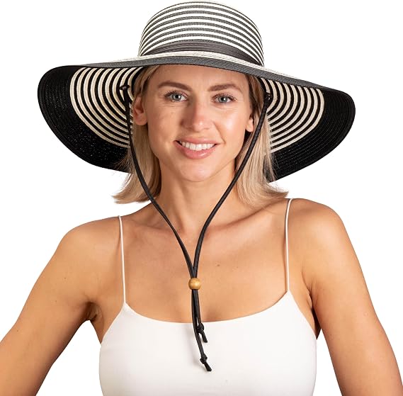 Sloggers Women's Wide Brim Braided Sun Hat with Wind Lanyard - UPF 50+ Maximum Sun Protection Black White