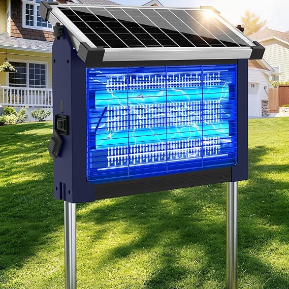 Solar Bug Zapper Outdoor Waterproof, 4500V Rechargeable Mosquito Zapper with Solar Panel Sensor, Auto ON/Off, 10ft Extension Cord & Solar Powered Bug Zapper, Cordless Insect Zap for Patio Yard Garden
