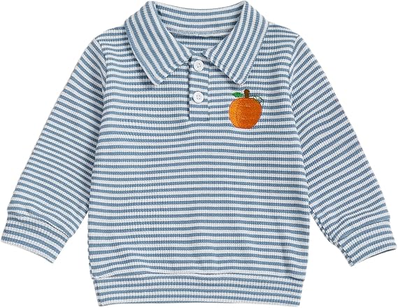 Toddler Baby Boy Halloween Outfit Pumpkin Embroidery Waffle Striped Long Sleeve Polo Shirt Button Up Pullover Top