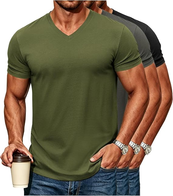 V Neck T Shirts Men Short Sleeve 3 Pack Basic Casual Tees | Soft Cotton, Breathable, Classic Fit, Curved Hem, Perfect for Daily Casual Office Outdoor Inner Layering
