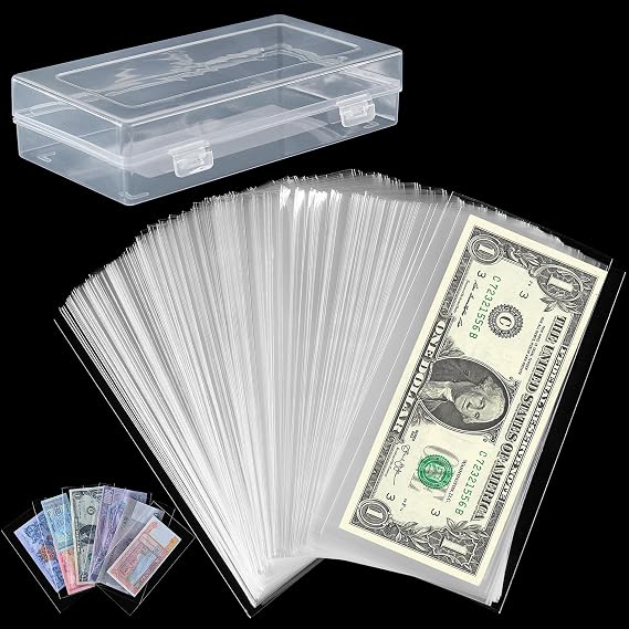 200 PCS Currency Sleeves - Clear Dollar Holder with Storage Box Banknote Protector for Paper Money Bills Stamps Collection Supplies