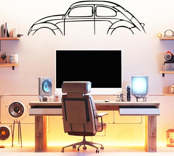 Beetle Metal Car Wall Art, Sports Car, Automotive Silhouette Line Decoration, Minimalist Sculpture for Garage, Man Cave, Indoor Outdoor Wall Hanging, Gift for Boyfriend and Car Lovers, Car Guy Gift (Black - 30 x 8.9 inch)