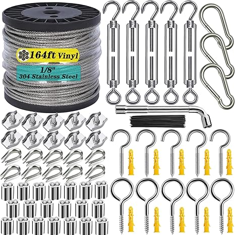 Roxanned 164FT Vinyl Coated Wire Rope Kit 1/8" Steel Cable with Turnbuckles
