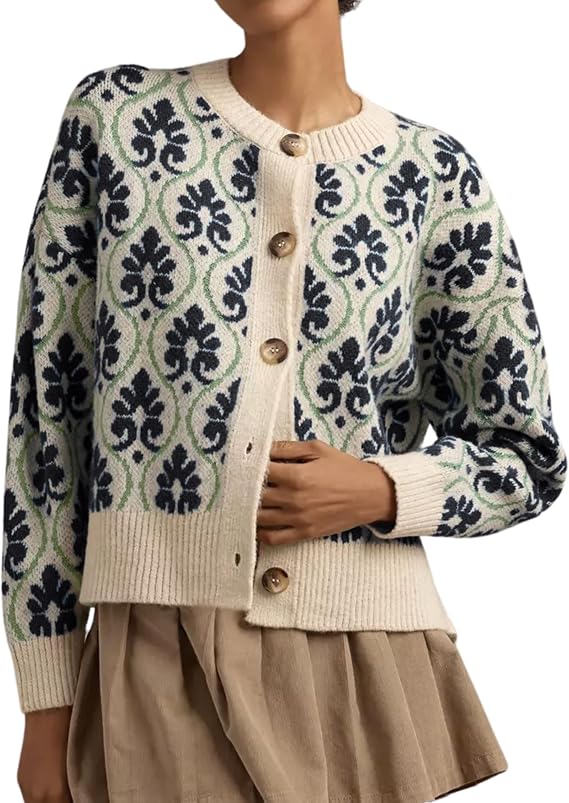 MINSURE Women Floral Cardigan Sweater Open Front Long Sleeve Button Down Knit Sweater Vintage Outerwear