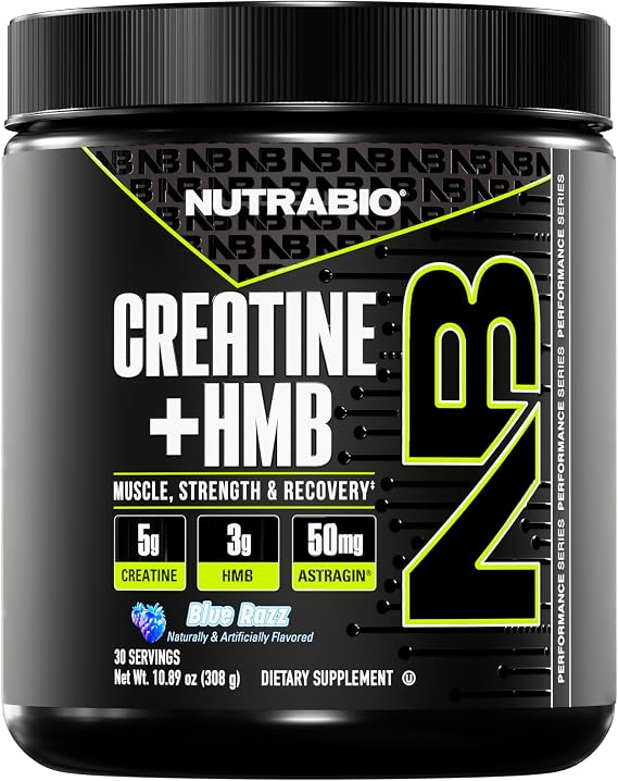 NutraBio Creatine + HMB- Creatine Monohydrate with HMB Powder for Muscle Growth, Increased Strength- 30 Servings (Blue Razz)