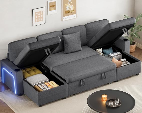 Corner Sofa Bed, U Shaped Pull Out Sleeper Sectional Couch Bed with USB & Type-C Ports, Adjustable LED Lights, 3 Seater Convertible Sofa Bed with Storage Chaise and Cup Holders for Living Room, Grey