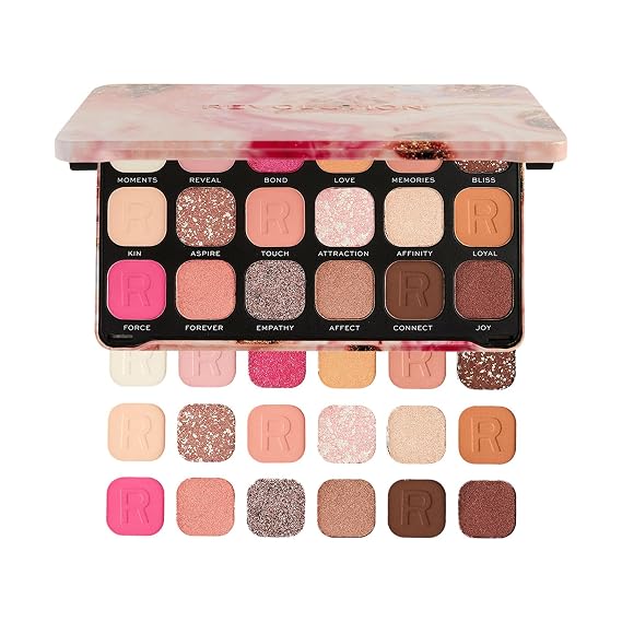 Revolution Beauty, Forever Flawless Eyeshadow Palette, 18 Pigmented Shades, Neutral & Pink Pressed Powder Mattes, Shimmers, Glitters, Affinity, 15 X 0.04 Oz.