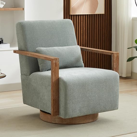 Swivel Accent Chair, Mid Century Modern Swivel Barrel Chair for Living Room, Comfy Upholstered Accent Chair with Wood Arm, 360 Degree Armchair for Bedroom, Nursery, Linen, Pale Green