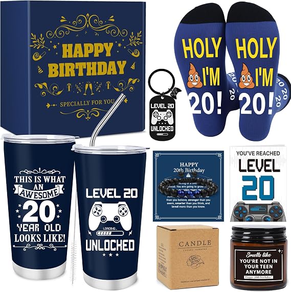 Keluna 20th Birthday Gifts for Men - 20 Year Old Birthday Gifts Set with 20 Oz Tumbler, Bracelet, Socks, Keychain, Greeting Card for Son, Nephew, Grandson, Brother, Boyfriend Christmas