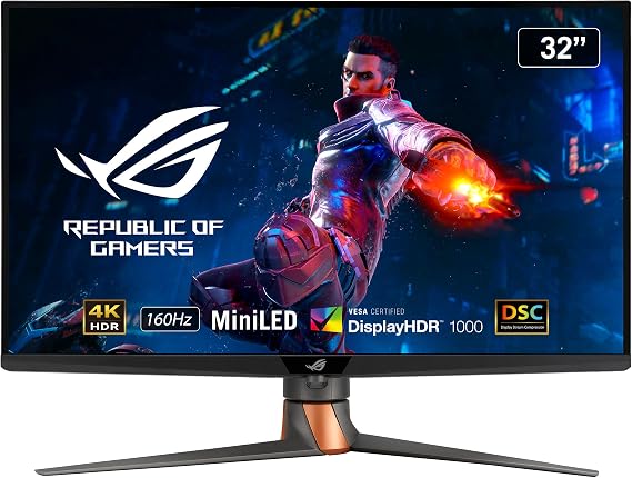 ASUS ROG Swift PG32UQXR 4K 160Hz gaming monitor 32 inch 4K UHD (3840 x 2160), 160Hz (above 144Hz), 1ms, Fast IPS, DisplayHDR 1000, 96% DCI P3, mini LED, Quantum Dot, FreeSync, HDMI 2.1, DP 2.1