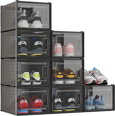 Large Translucent Black Shoe Storage Boxes 8 Pack Shoe Organizer for Closet with Clear Door Plastic Stackable Sneaker Display Drawer