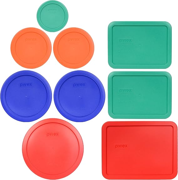Pyrex 9-Pc Bahama Waves Themed Food Storage Replacement Lids - Made in USA | (1-Cup) Green | (2-Cup) Orange | (3-Cup) Light Green | (4-Cup) Cadet Blue | (6-Cup) Red | (6/7-Cup) Red | Meal Prep | Covers