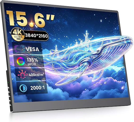 4K Portable Monitor - 15.6" UHD 3840 * 2400 for Laptop/Mac(Metallic Black) | 16:10,400 Nits,135% sRGB,IPS Screen,2 USB-C,HDMI Ports,Speakers,Standf,VESA for PC/PS5/Xbox
