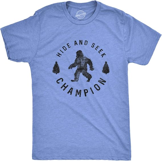Crazy Dog T-Shirts Hide and Seek Champion Funny Bigfoot Graphic Tee | Funny T Shirts, Graphic Apparel for Men, Cool Camping Short Sleeve, Soft Cotton Blend, Novelty Tees for Guys