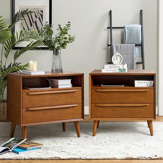 HULALA HOME End Table with Charging Station, Mid-Century Modern 2 Drawer and Open Shelf, Fluted End Table(Acorn, Set of 2)