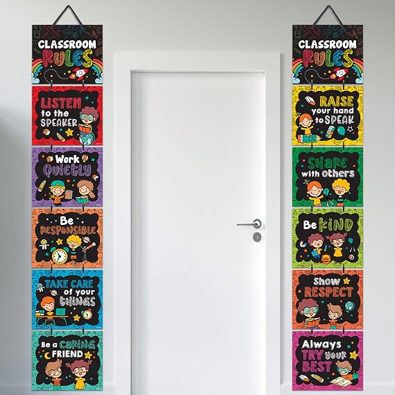 Decorably 12 Hanging Chalkboard Classroom Rules Elementary Poster Set | with Accompanying Ribbon, 12x10in Educational, Matte-Laminated School Decor - for Bulletin Boards