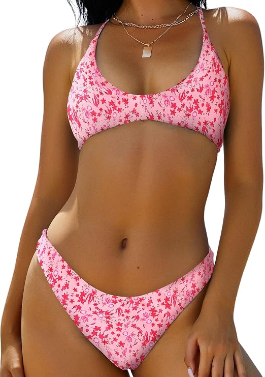 ZAFUL Women's Tie Back Padded High Cut Bralette Bikini Set 2 Piece Swimsuit | Crisscross Back Self Tie, Adjustable Straps, Bathing suit for women, Classic Coverage, Removable Soft Cups, Beach Vacation