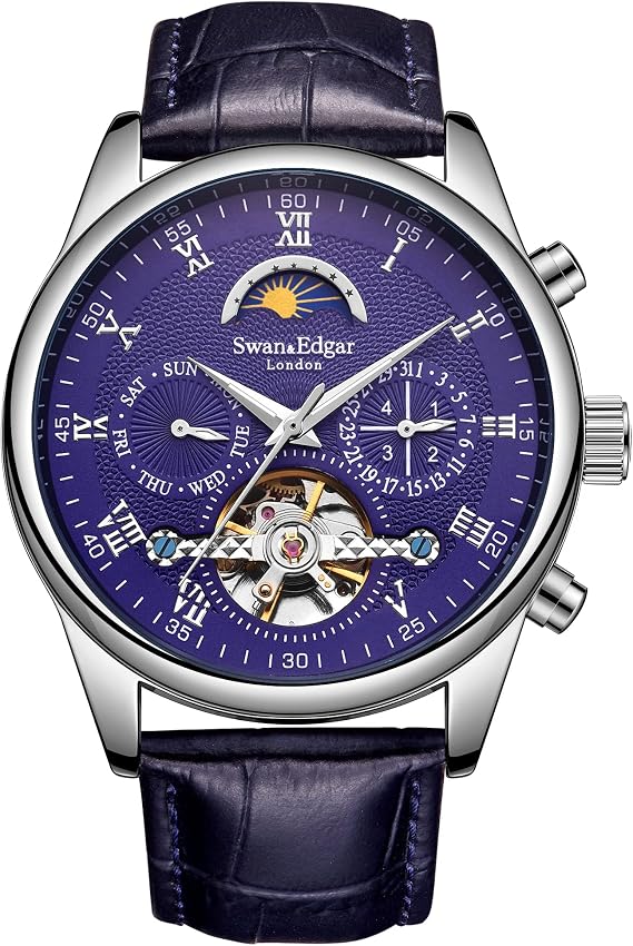 SWAN AND EDGAR Complexity - Automatic Watch for Mens | Moon Face & Open Heart Skeleton Dial | Stainless Steel Case, Sapphire Crystal, Genuine Leather Strap, 30M Water Resistant,