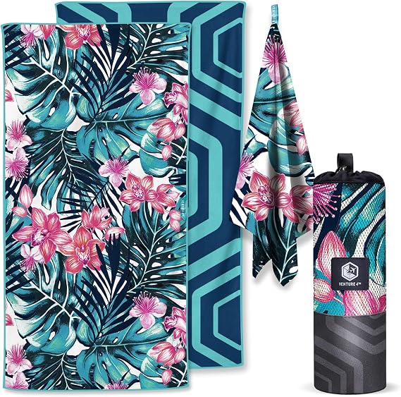 VENTURE 4TH Microfiber Beach Towel: Quick-Dry, Compact, Sand-Free, Absorbent, Sandproof and Lightweight - Perfect for Camping, Beach, and Roadtrips (Blue Lagoon Design | 35x78 inches)