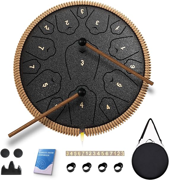 Steel Tongue Drum, 13 Inch 15 Notes Tongue Drums, C Major 432 Hz Drum Percussion Instruments, Handpan Drums with Music Book, Drum Mallets and Carry Bag (Black)