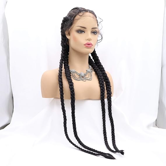 xiweiya Natural Black Braided Wig With Baby Hairs 1B# Black Synthetic Lace Front Wigs 4xTwist Double Dutch Braids Wig Made Hand Crochet Cornrow Braided Wig Box Braids Wig 36inch