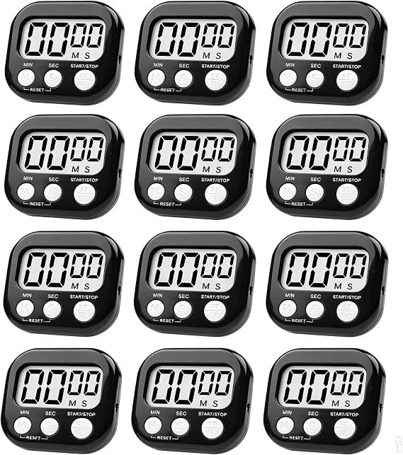 12 Pack Digital Kitchen Timer Large LCD Display Loud Alarm Strong Magnetic Stand, Minute Seconds Count Up Countdown and Simple Operation Timers for Cooking, Bathroom, Kids, Teacher, Classroom - Black