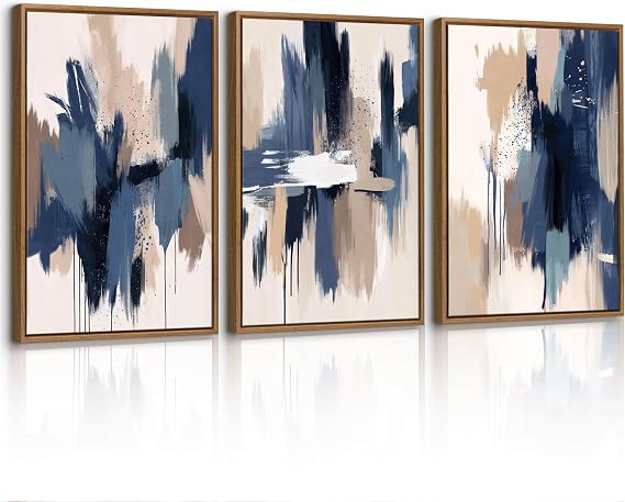 3 Pcs Abstract Framed Canvas Wall Art Set, Minimalist Beige Blue Watercolor Wall Decor Painting, Nordic Modern Neutral Art Prints Wall Pictures for Living Room Bedroom Dining Room Office 40X60cmX3