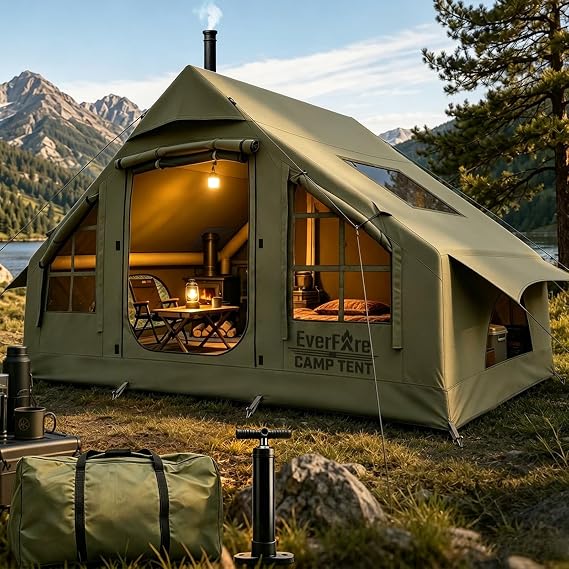 Inflatable Tent with Pump, Skylight & Stove Jack for 4-6 Person Camping