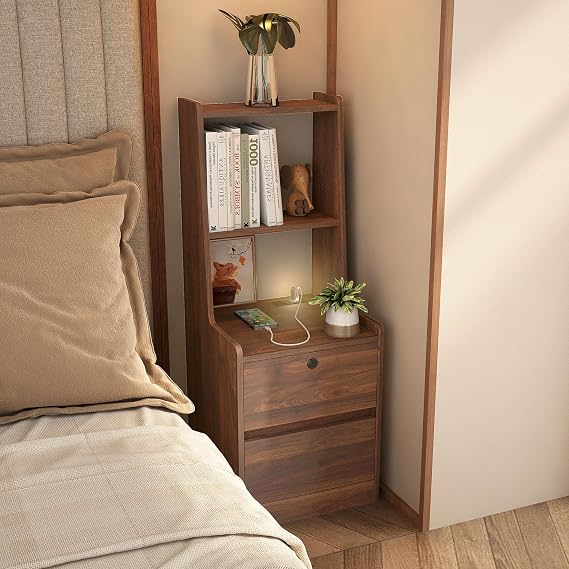 Smart Nightstand with Charging Station & 2 Storage Drawers, Wood Night Stand with Bookshelf & Voice-Controlled Night Light, Modern Bedside Table with Lock for Bedroom (Wood)
