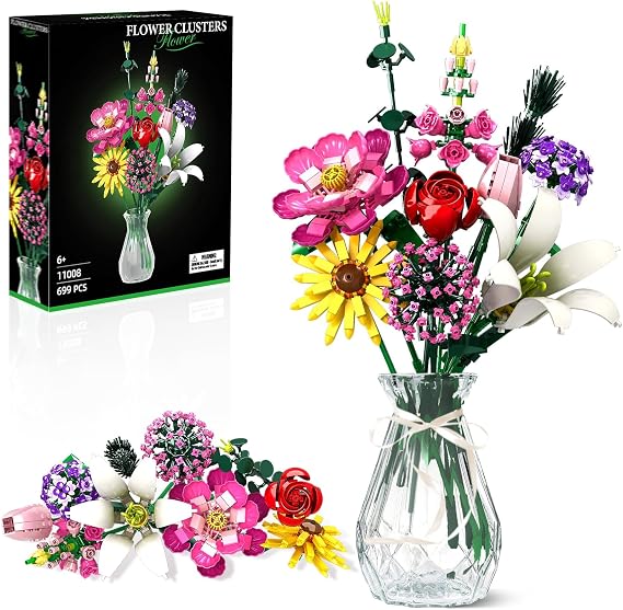 Flower Building Blocks Set, Multiple Flowers Bouquet Building Set, Artificial Flowers Arrangement Building Toys, Office Home Decoration, Valentine Day, Birthday for Women(No Vase)-699Pcs