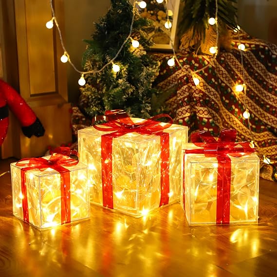Christmas Lighted Gift Boxes Decorations, Set of 3, Pre-lit Tinsel Presents with Bowknot, Light Up Xmas Tree Skirt Ornament, Indoor Outdoor, Plug-in (Warm White)