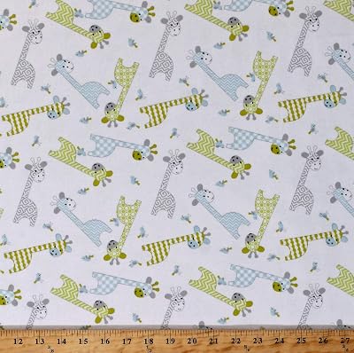 Flannel Giraffes Baby Jungle Animals Birds Green Blue Gray on White 44 Wide Cotton Flannel Fabric Print by The Yard D283.17
