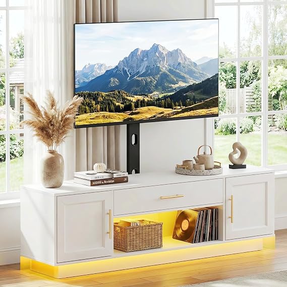 RALGEND 59" Modern TV Stand with Mount and Power Outlet, Swivel TV Stand for 32/55/65/75 inch TVs, Height Adjustable LED Entertainment Center, Media TV Console Table for Living Room, Bedroom, White