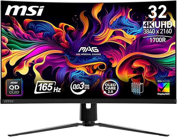 MSI MAG 321CUP QD-OLED 32 Inch UHD Curved Gaming Monitor - 1700R, 3840 x 2160 Panel, 165Hz / 0.03ms, 99% DCI-P3, ΔE≤2, DisplayHDR True Black 400, DP 1.4a, HDMI 2.1, USB Type-C