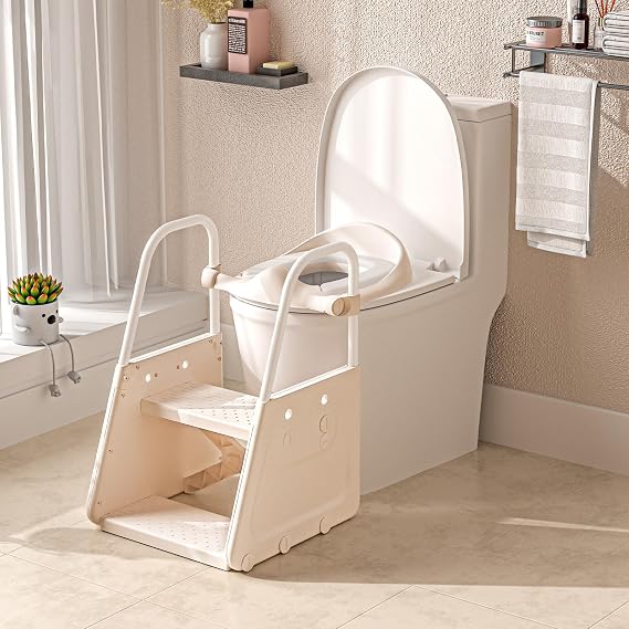 3 in 1 Potty Training Toilet Seat & Toddler Step Stool with Potty Train Chair Adapter and Extra Wide Non-Slip Ladder Potty Seats with Raised Guardrail and Splash Protection Design for Kids 1-3 Years