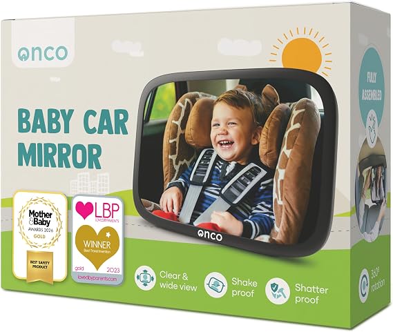 Baby Car Mirror for Rear Facing Seats - Double Award Winning, Non-Slip | Shatterproof and shakeproof car mirror for baby with 360 rotation and clear convex view for newborn satefy (9.6 x 6.9 in).