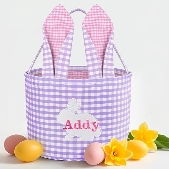 Easter Basket, Jasaino Personalized Easter Baskets, Easter Bunny Basket, Easter Egg Hunt Baskets - Purple Pink Grid Basket