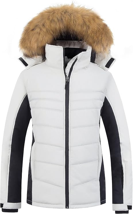 Pursky Women's Waterproof Ski Jacket Winter Puffer Snow Coat Fur Hooded Raincoat