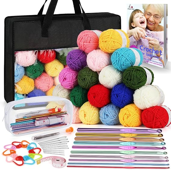 Aeelike Crochet Kit for Beginners Adults, Complete Crochet Set, Black | Beginner Crochet Kits All-inclusive Crochet Set with 1093 Yards Yarns Hooks Step-By-Step Instruction Storage Bag, Ideal Gift