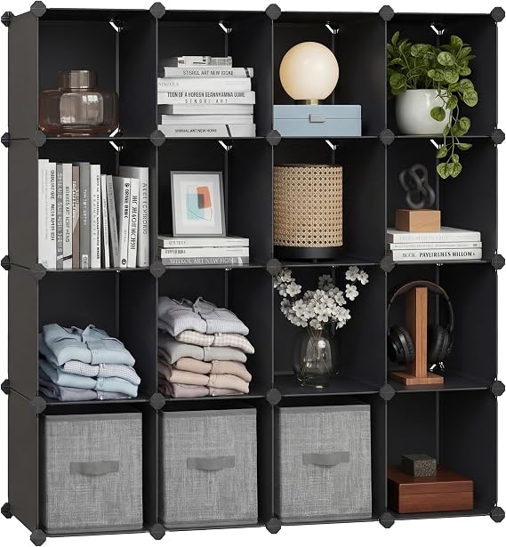 SONGMICS 16-Cube Storage Unit, Shoe Rack, DIY Shelving System, Stackable Cubes, PP Plastic Shelf, Wardrobe, Closet Divider, for Bedroom, Office, 31 x 123 x 123 cm, Black LPC44BK