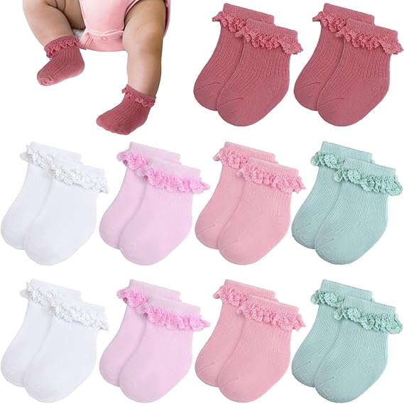Twistover 10 Pairs Preemie Socks Cotton Ruffle | Cute Ruffle Lace Design, Soft Breathable Cotton, Sized for 3-7 lb Girls Boys, Elastic Cuffs Prevent Slip