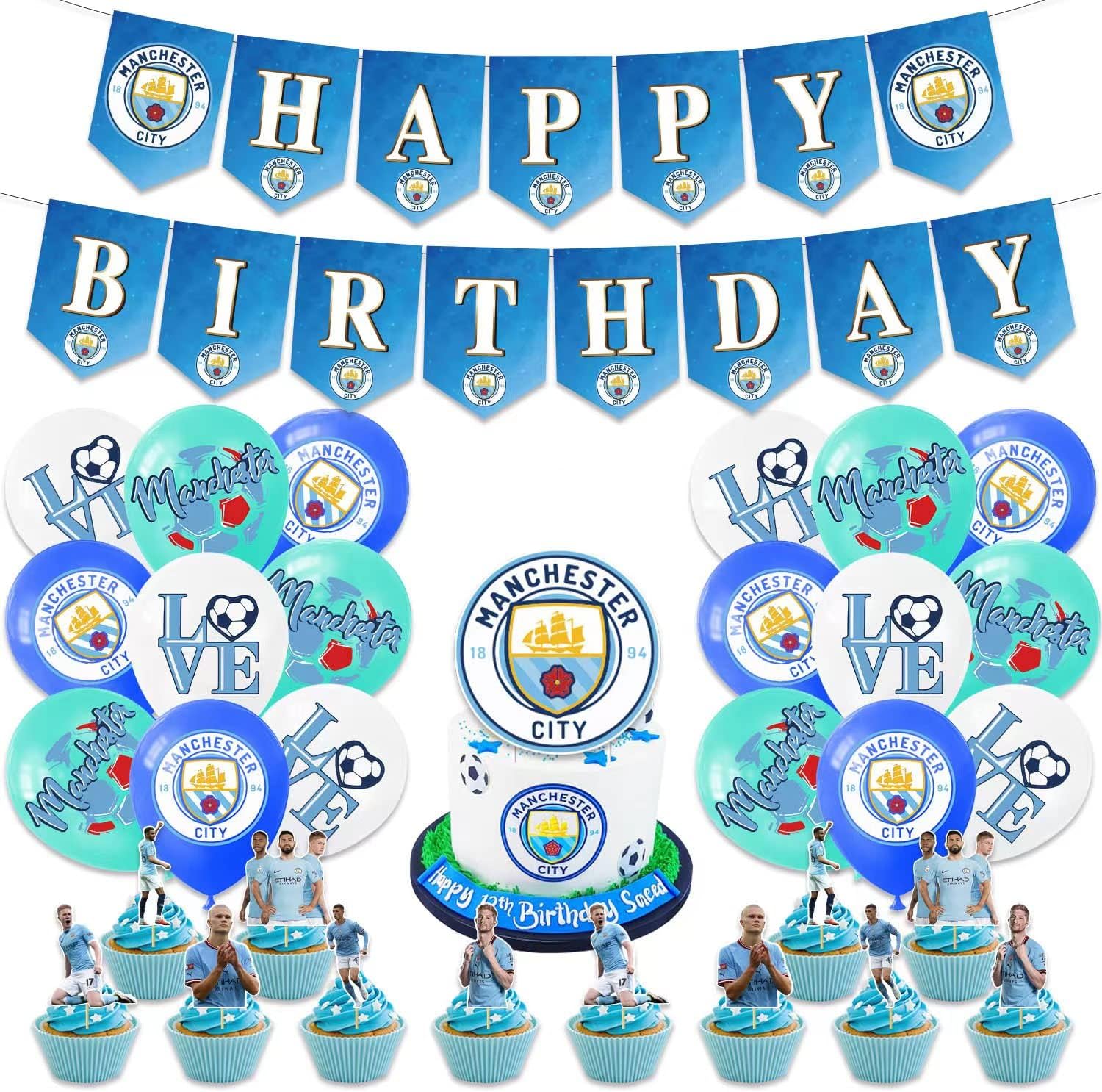 Manchester City Birthday Party Decorations Manchester City Walls Man City Soccer Party Supplies Haaland Football Party Favors Includes Banner Balloons Cupcakes Cake Topper