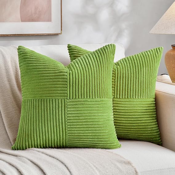 Fancy Homi Set of 2 Lime Green Decorative Throw Pillow Covers 18x18 Inch with for Couch Bed Sofa Living Room, Soft Cross Patchwork Striped Corduroy Modern Square Cushion Case 45x45 cm