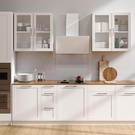 Furnaza 48" Kitchen Wall Cabinets 4 Doors - Laundry Upper Wall Amount Storage Cabinets with Acrylic Soft Glass Doors, in White, One Set of 2 Pieces